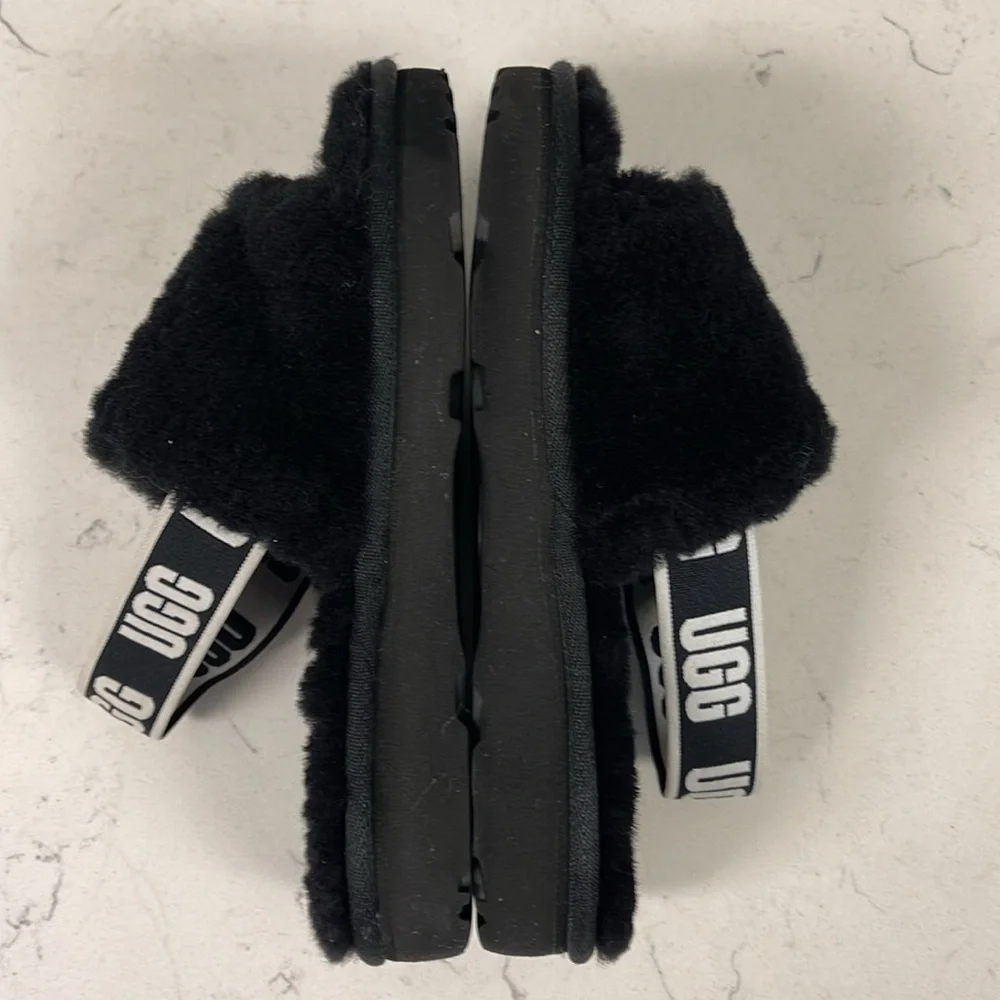 UGG Disco Slide Kids Black Fluffy Sandals - Slippers Size 13